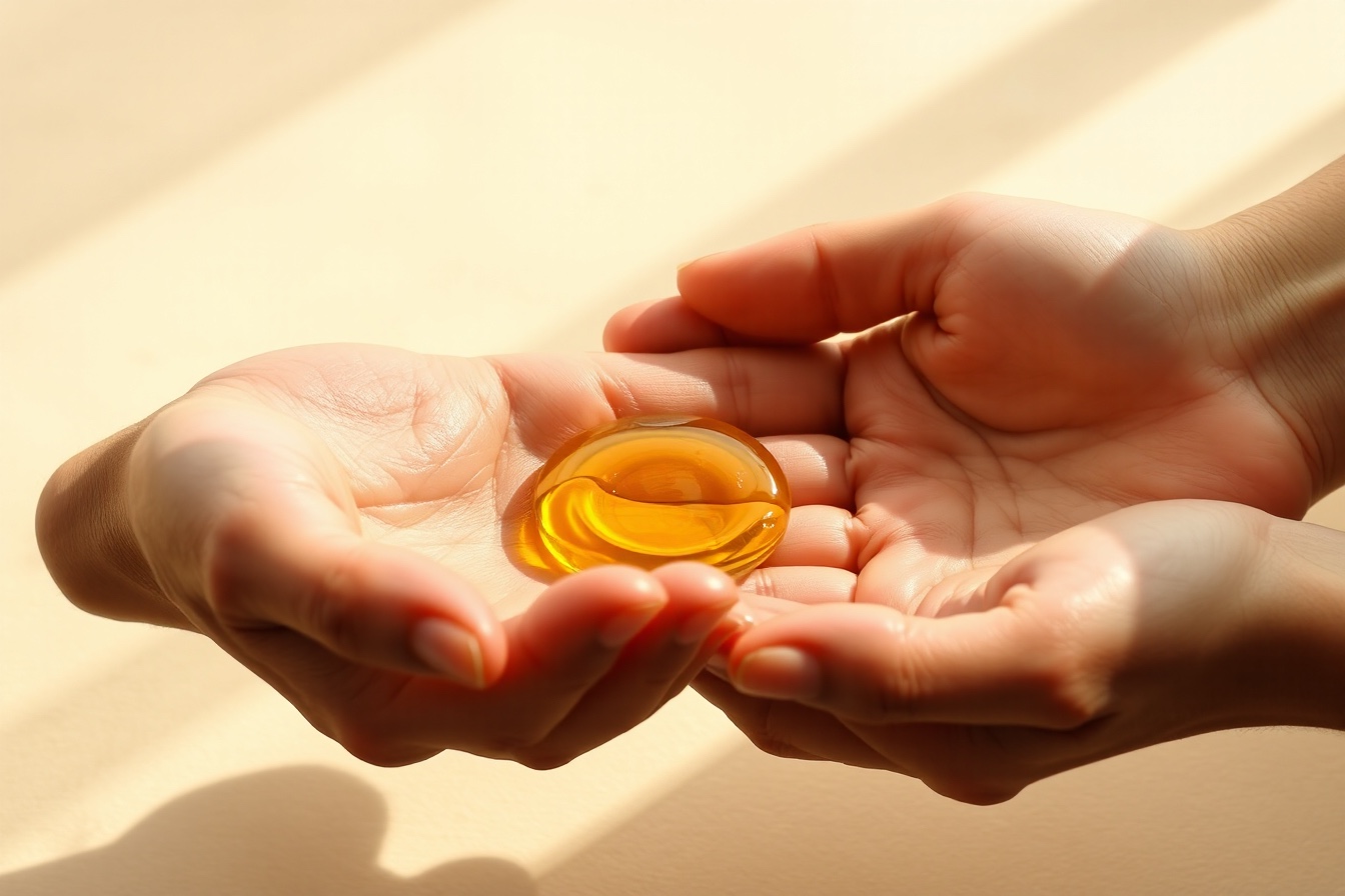 Two hands warming a few drops of golden hair oil between the palms in soft morning light